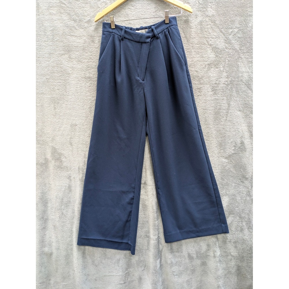 Dark Academia Wide Leg Trousers Women 28 6S Navy Blue Pleated High Rise Pants